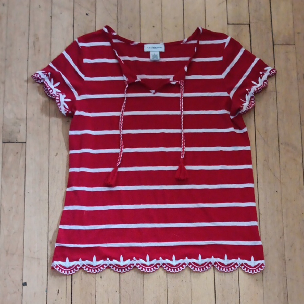 Liz Claiborne Red and White Striped Top With Scalloped Edges